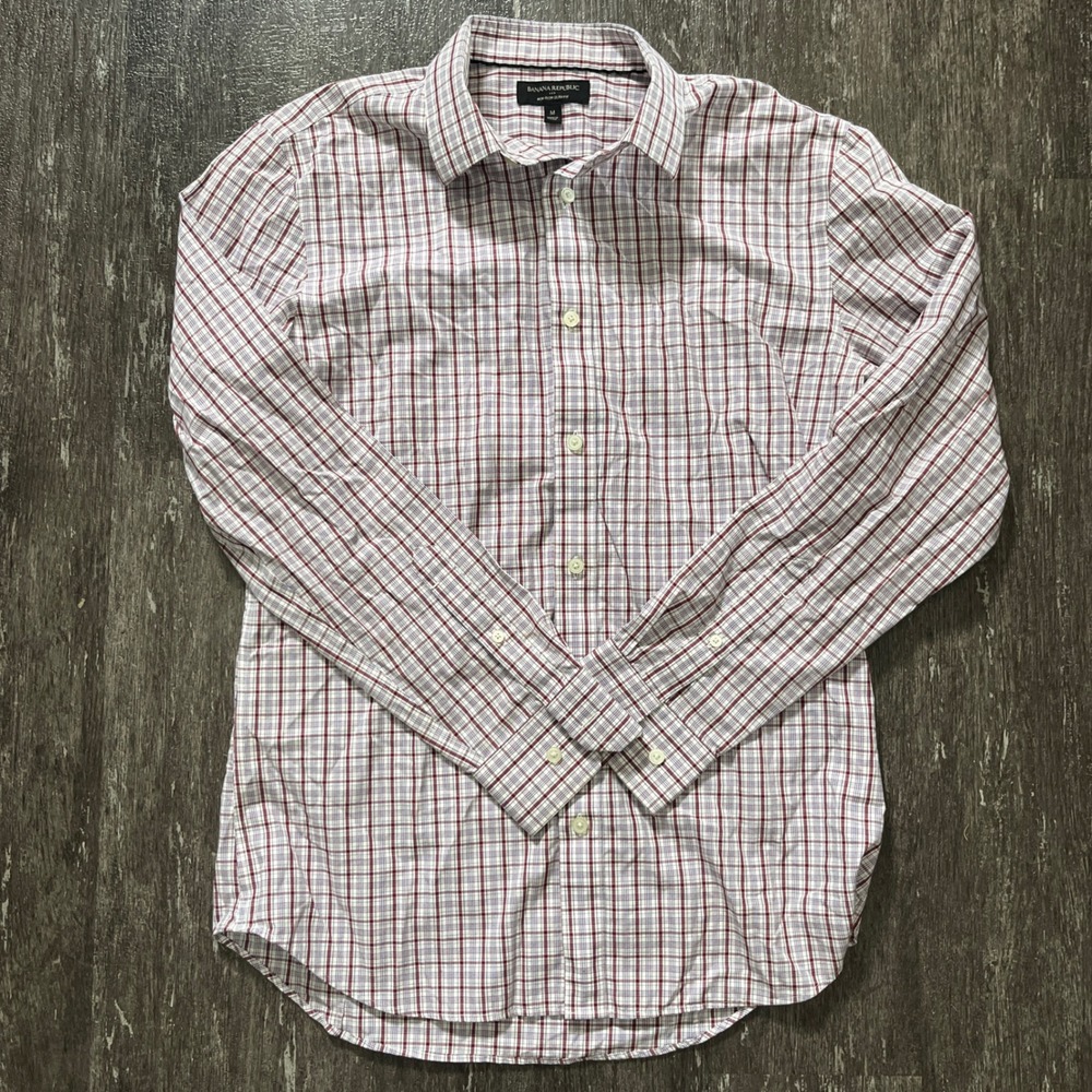 Banana Republic Mens Medium Slim Fit Non Iron Plaid Long Sleeve Shirt
